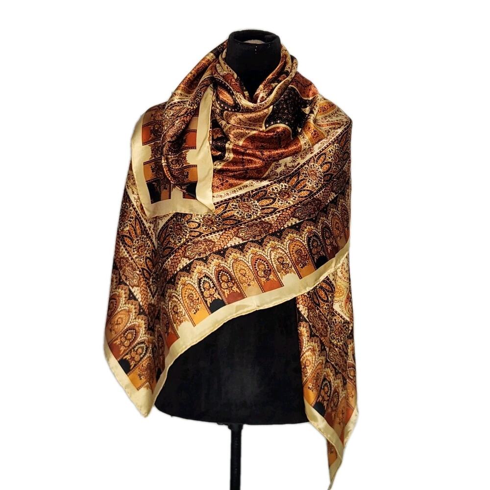 Unbranded XLarge Gold Brown Paisley Silk Rectangle Scarf 54×52 In
